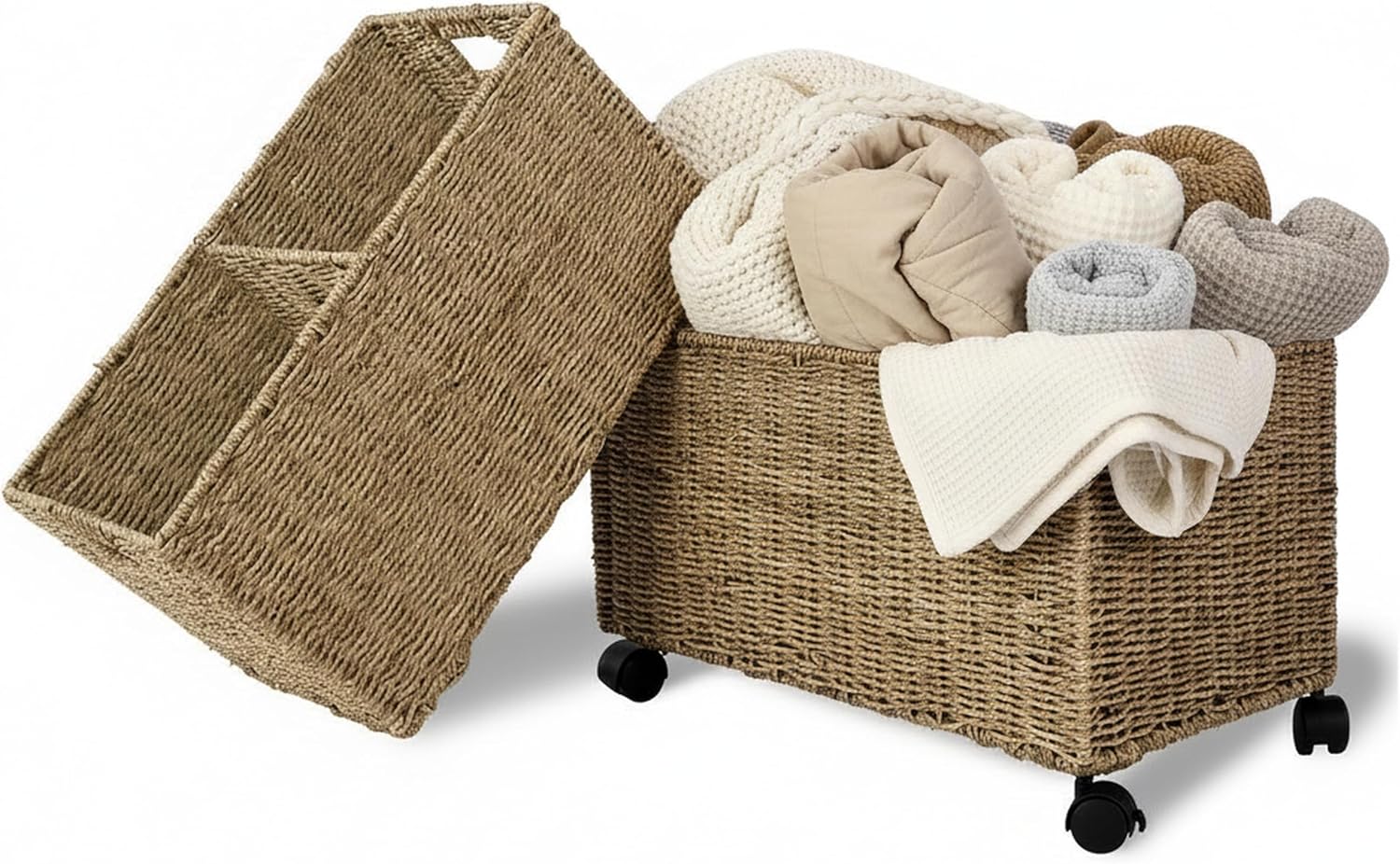 Woven Basket Set - Natural Wicker Rolling Storage Baskets on