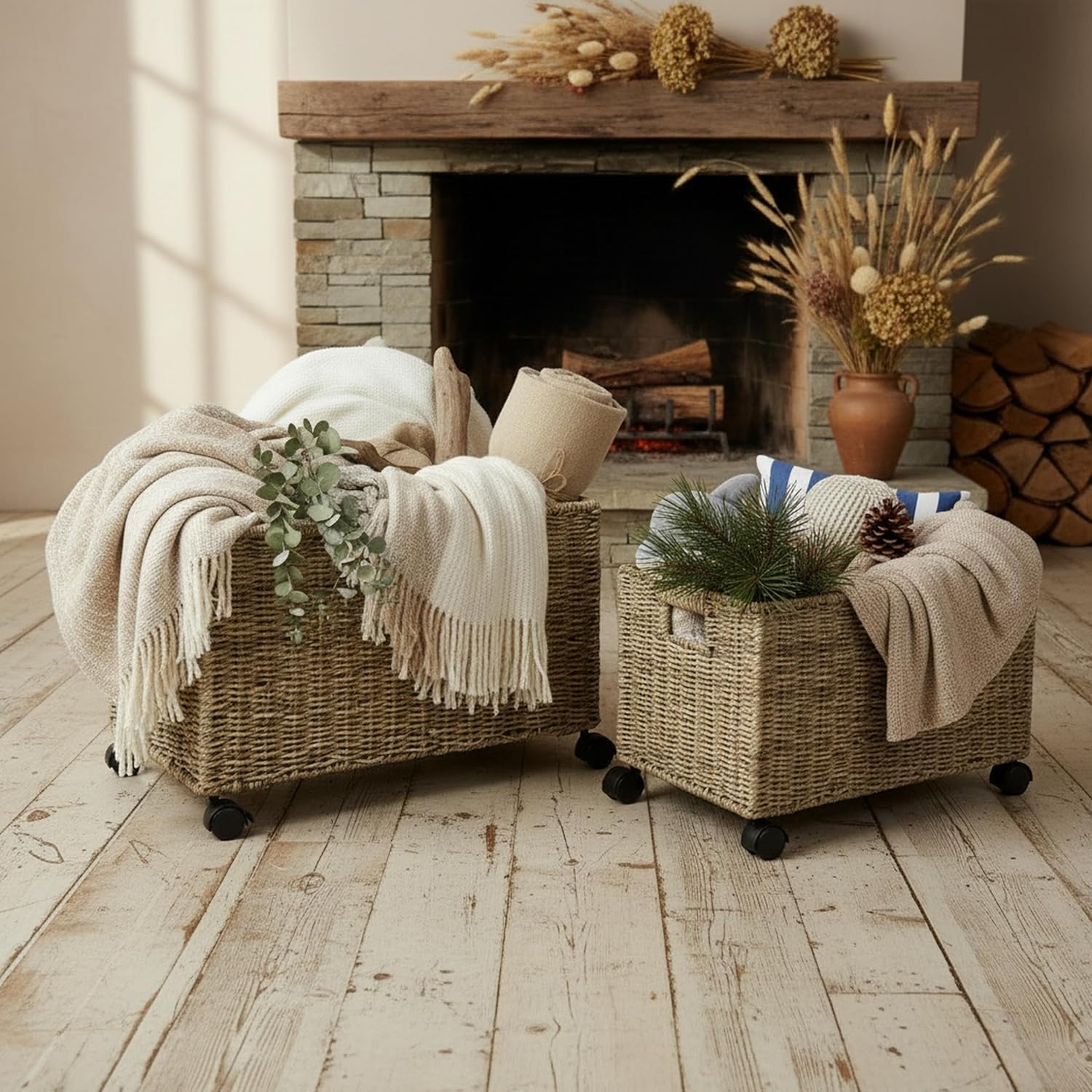 Natural Wicker Rolling Storage - Woven Basket Set recensione e prezzo